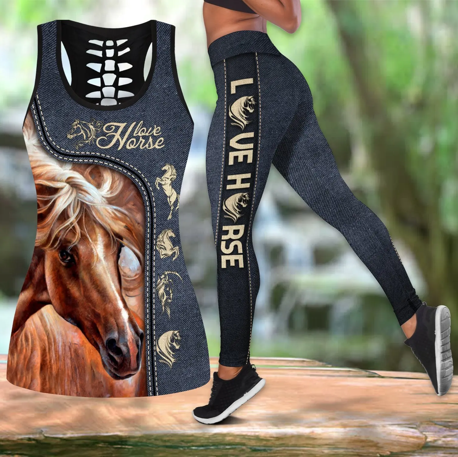 Cavallo nativo indiano 3D completamente stampato canotta cava e leggings Set fitness femminile leggings a figura intera pantaloni da corsa DDK75
