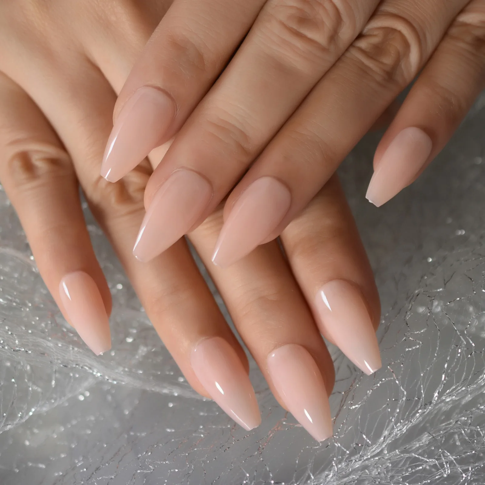 Glossy Gel Nude Pink Full Cover Press On False Nails Medium Coffin Ballet Solid Color Fake Nails Set Long Nail Tips