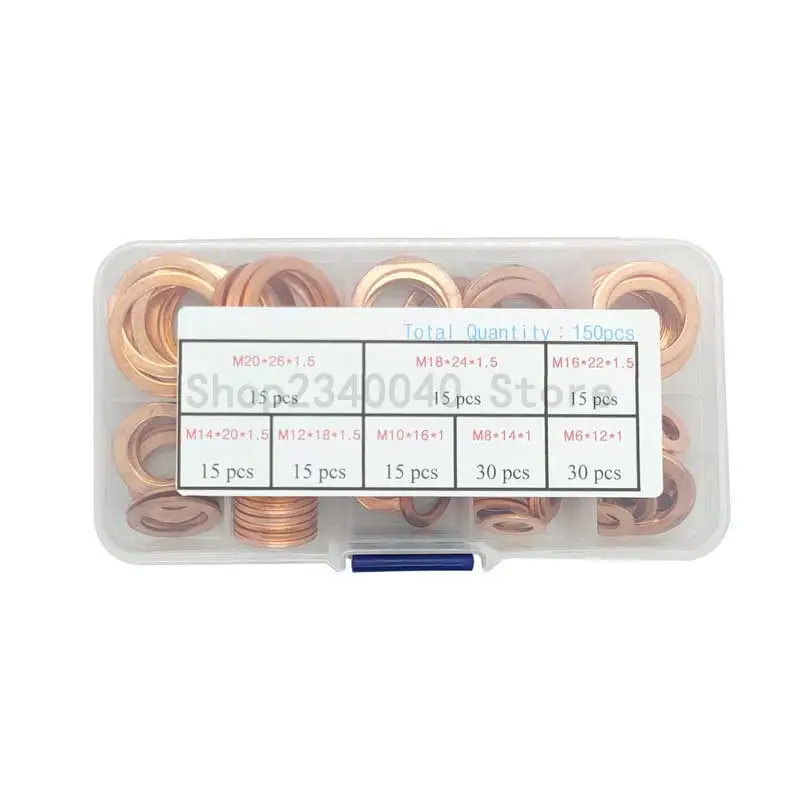 150Pcs/Set Copper washer Seal Assortment set Flat Ring Seal Assortment Kit M6 M8 M10 M12 M14 M16 M18 M20 for Sump Plugs Water