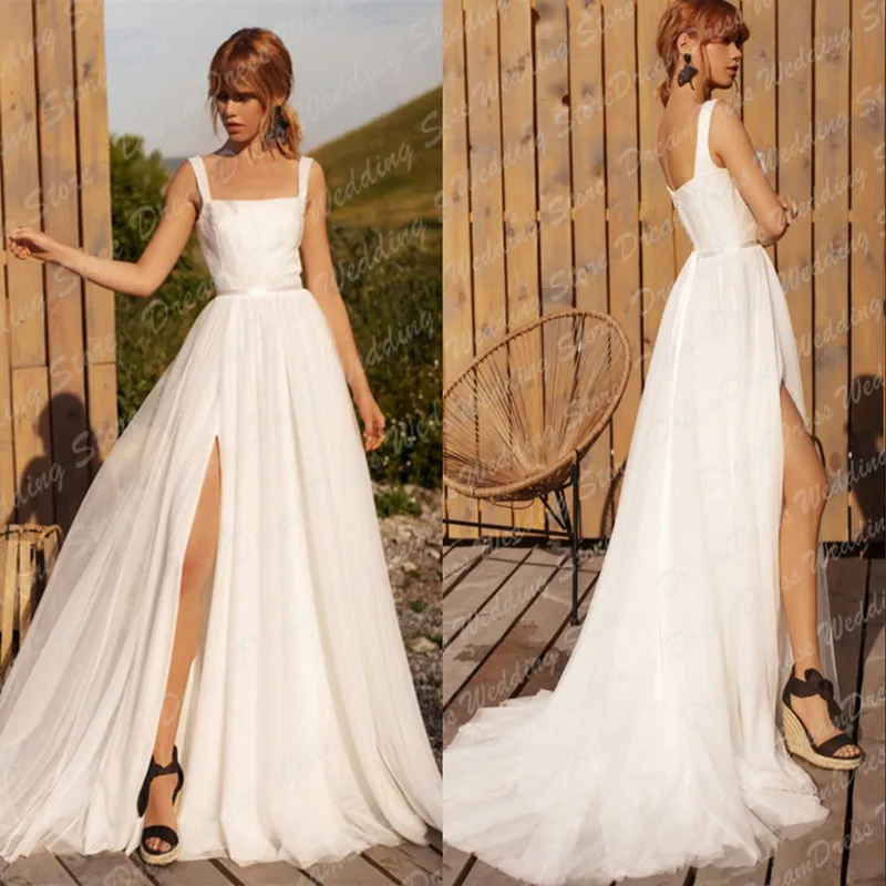 

Simple A Line Beach Wedding Dress 2023 For Bride Boat Neck High Slit Sleeveless Backless Sweep Train Robe De Soirée De Mariage