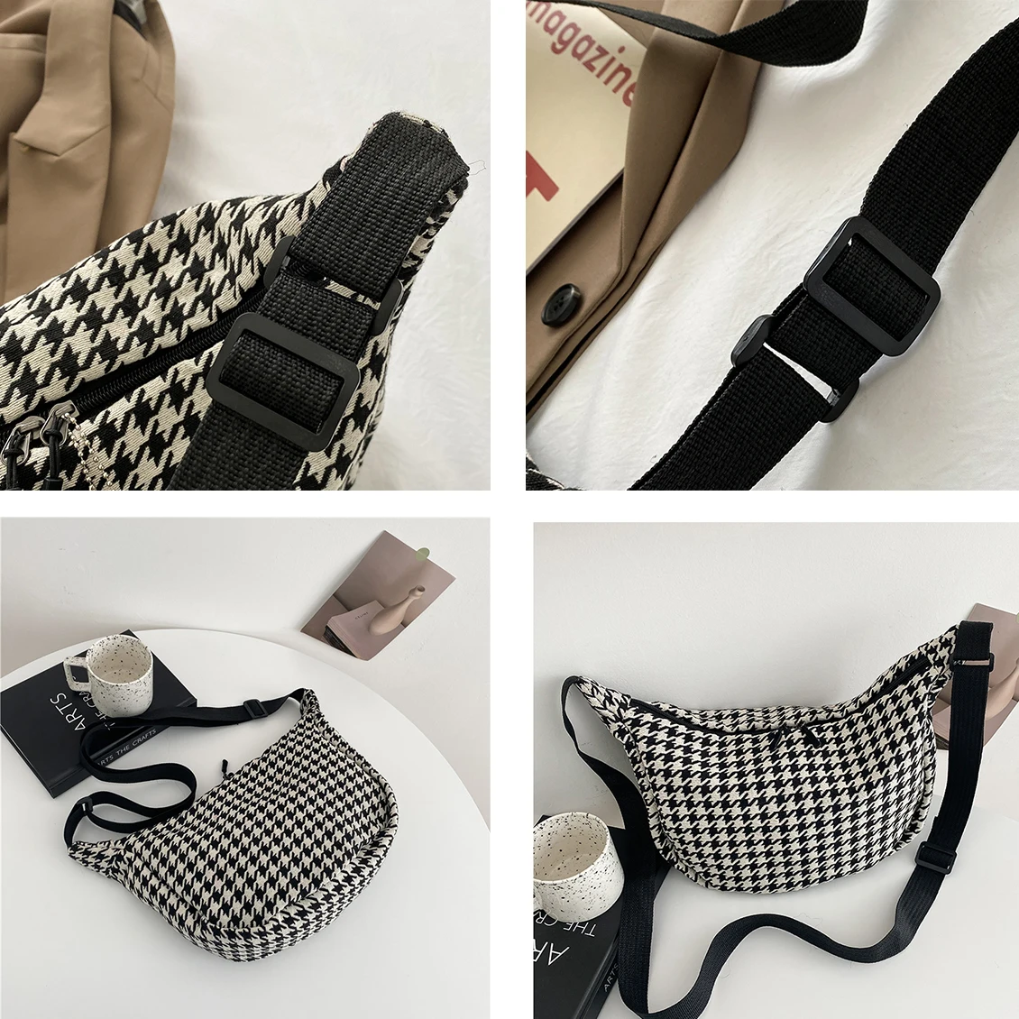 Classic Houndstooth Crossbody Bags Women Ins All Match Zipper Hobos Basic Stylish Shoulder Female Street Chic Simple Teenagers