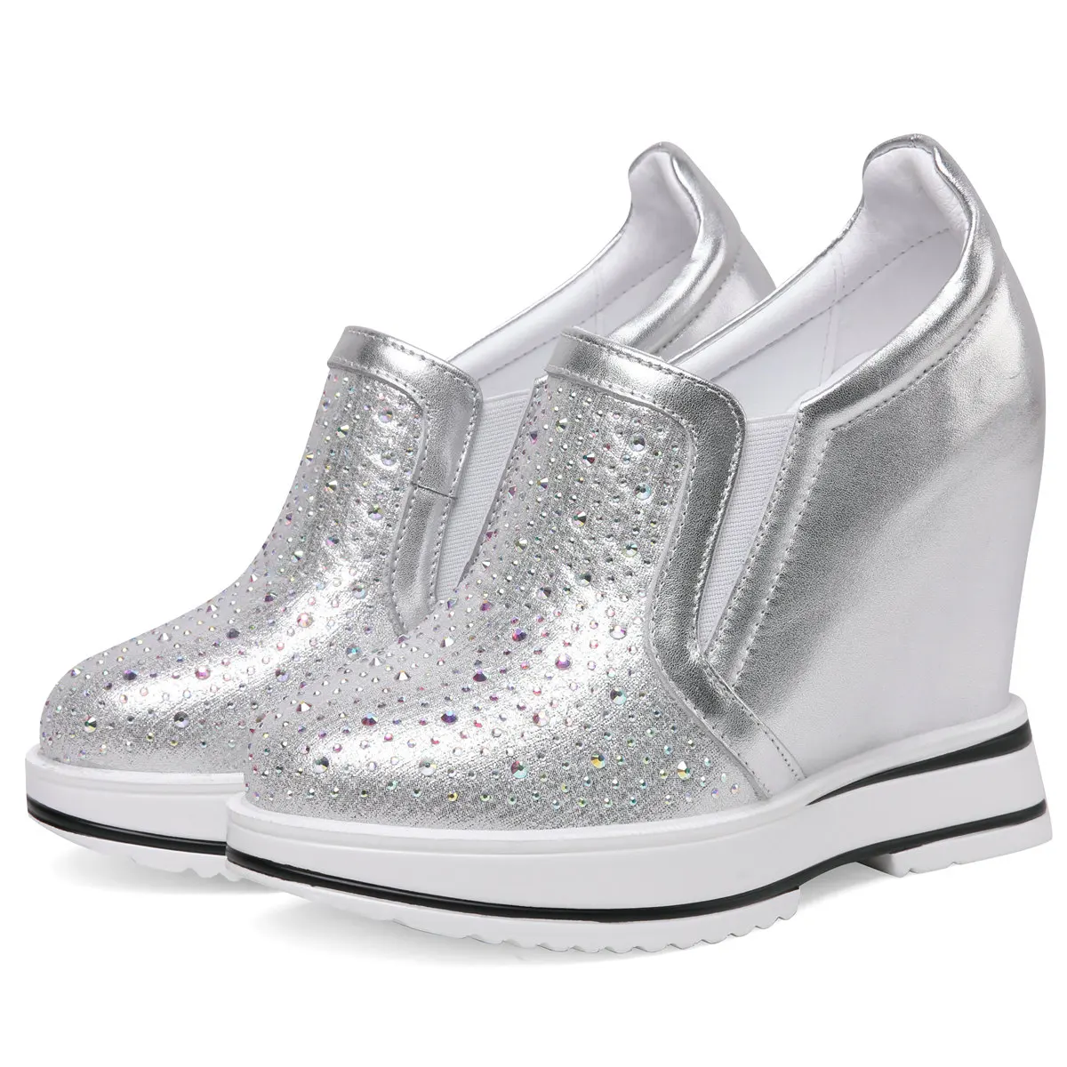 

2022 Rhinestones Pumps Shoes Women Genuine Leather Wedges High Heel Ankle Boots Female Round Toe Fashion Sneakers Casual Shoes