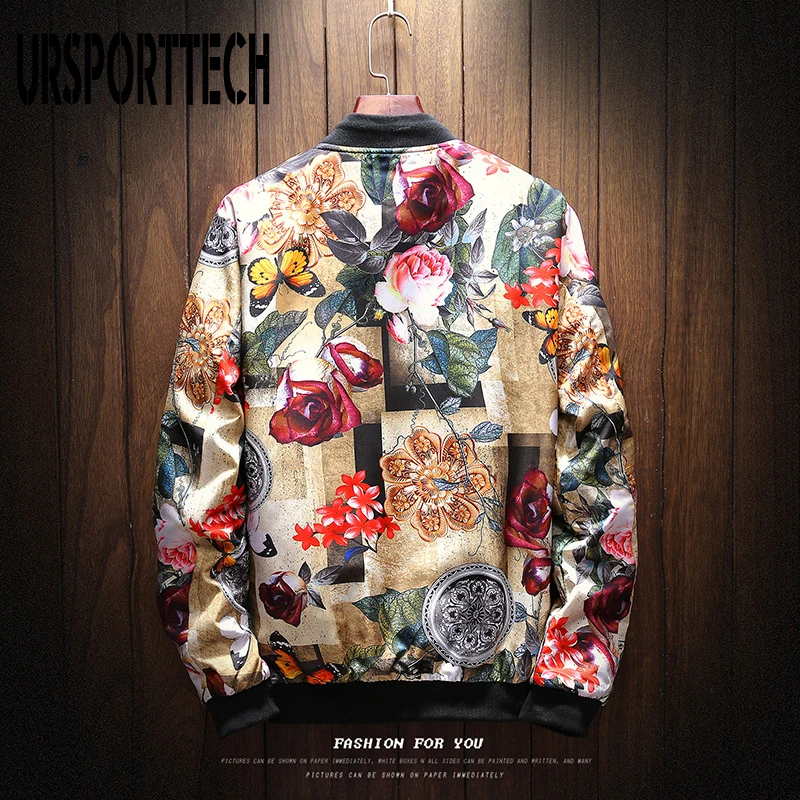 URSPORTTECH Men\'s Jacket Spring Autumn New Flower Print Jackets Boys Male Japanese Streetwear Designer Slim Coats Outwear M-5XL