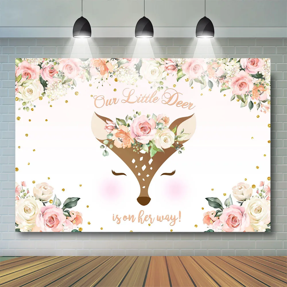 Baby shower Backdrop deer Photography Backdrop girl floral Backgrounds One little Deer is on her way Background Photobooth