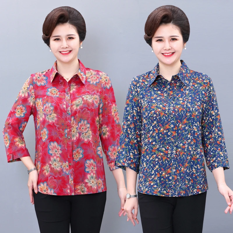 

Middle-aged Mom Floral Print Blouse Plus size 6XL Summer Slim Cotton silk Lapel Seven-quarter Sleeve Shirt Female Casual Tops