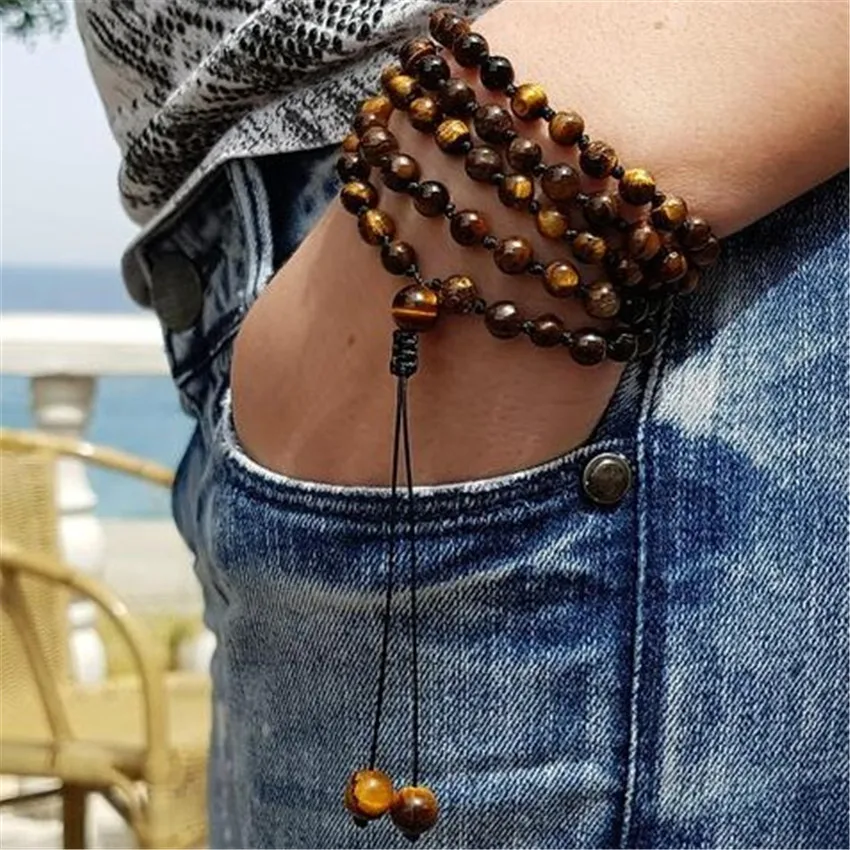 

6MM Tiger's-eye Gemstone Mala Necklace 108 Beads Tassel Buddhism Spirituality Yoga Lucky Pray Reiki cuff Prayer