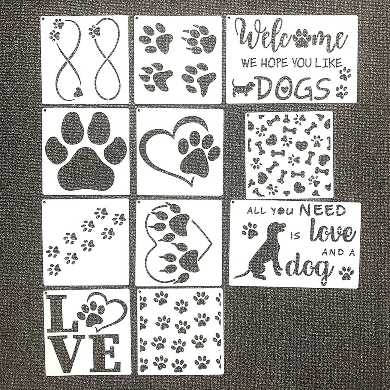 11 Pieces Dog Paw Print Stencils Trail of Paw Prints Stencil Love Dog Stencils Reusable Painting Templates with Metal Open Ring