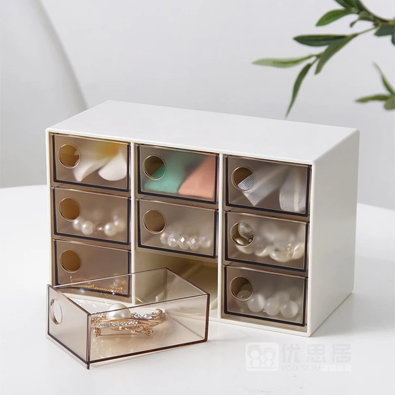 9 Grid Transparent Drawer Jewelry Storage Box INS Cosmetic Dustproof Desktop Organizer Home Anti-fall Bedroom Storage Boxes