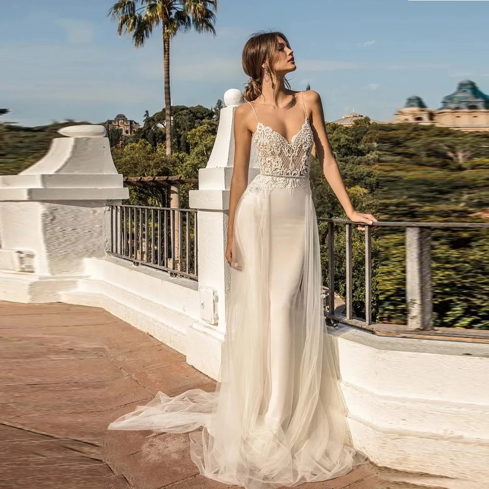 Vestido De Novia elegante De sirena con tirantes finos, cuello en V, sin mangas, Apliques De encaje, tren largo extraíble