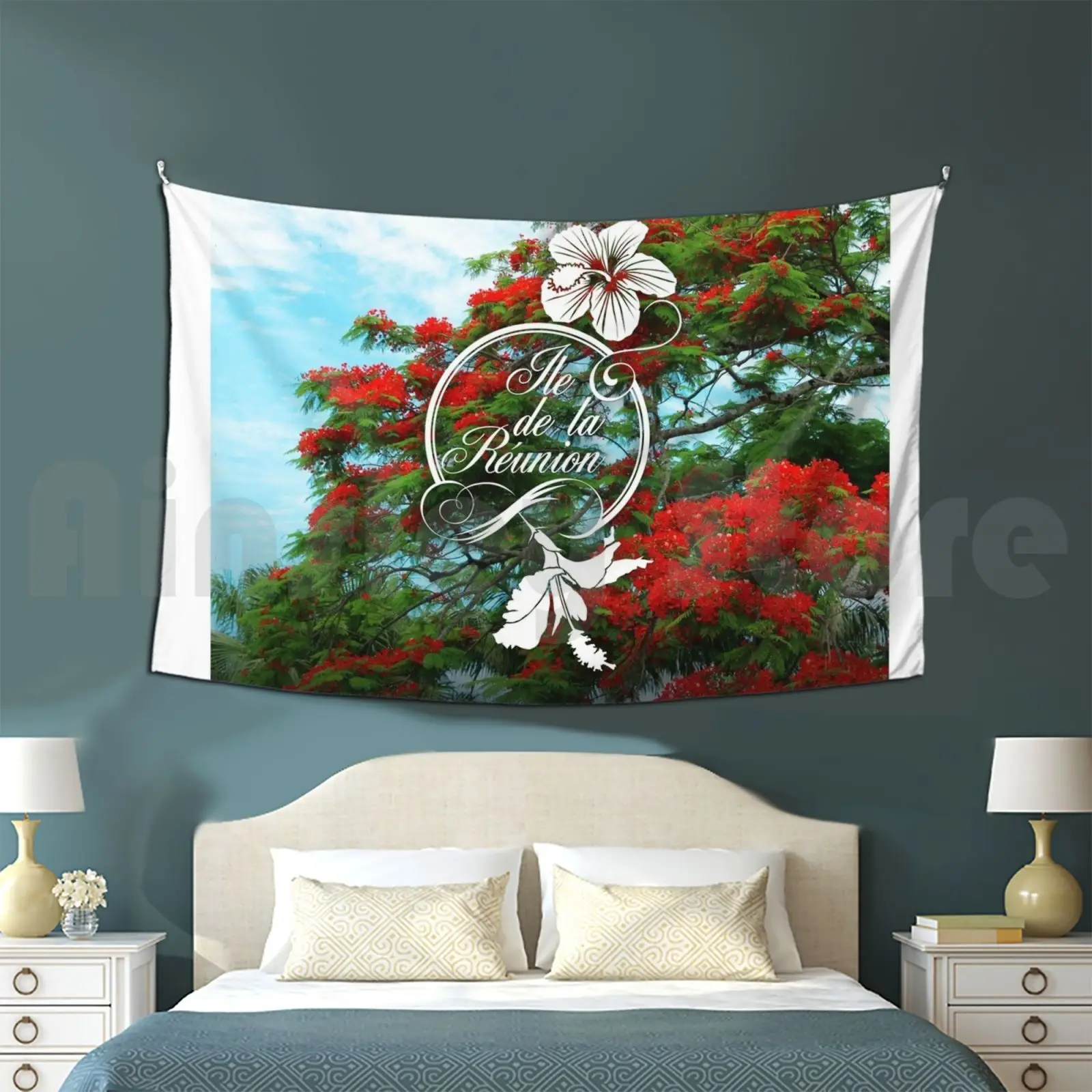 974 Reunion Island-Flamboyant & Hibiscus Tapestry Living Room Bedroom 974 974 Reunion Island Reunion Creole