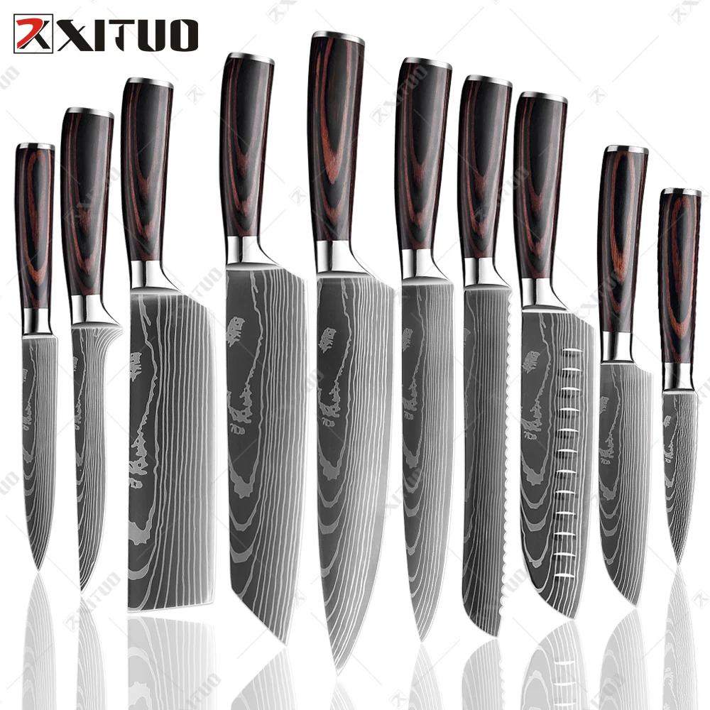 Set di coltelli da cucina XITUO 1-10 pezzi coltelli da cuoco giapponesi mannaia in acciaio inossidabile macellaio Santoku coltello strumento Laser