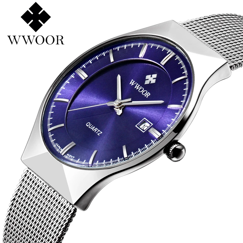 WWOOR-Montre de Luxe Ultra-Mince en Acier Inoxydable pour Homme, Décontractée, Bleue, Étanche, à Quartz, Date existent, à la Mode, 2024