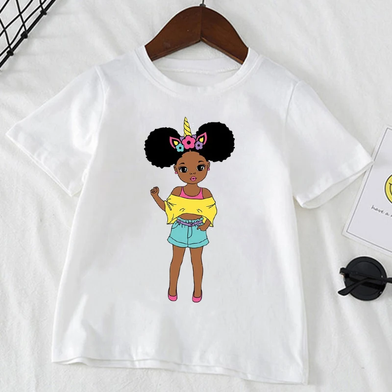 

Kawaii Unicorn Black Girl T Shirt Funny Girls Clothes Queen Melanin T-Shirt Graphic Clothes Short Sleeve T-Shirts Tees Top