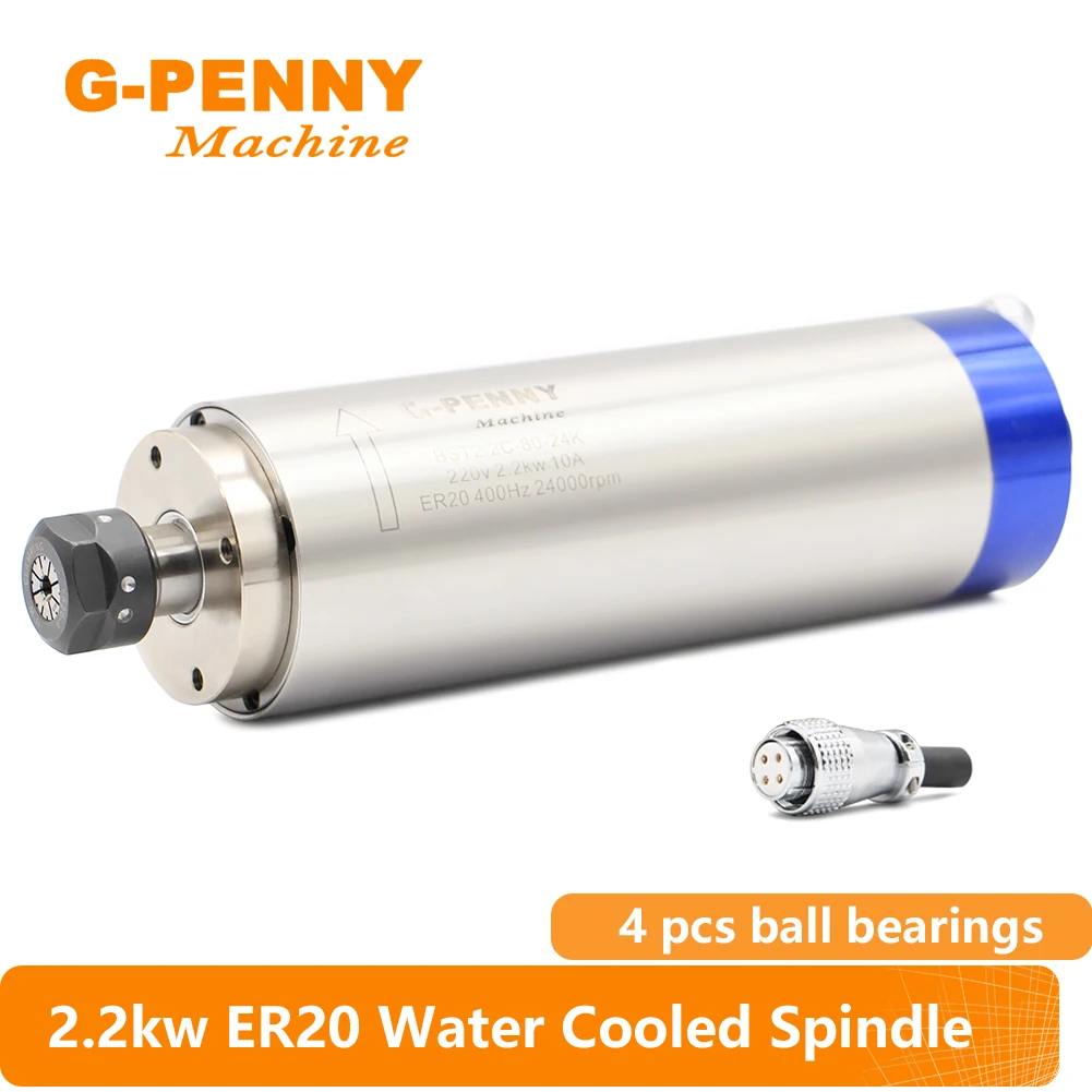 G-PENNY 2.2KW ER20 80mm Chłodzony wodą silnik wrzeciona 220v/380v do frezarki CNC do grawerowania 4 szt. łożysk kulkowych