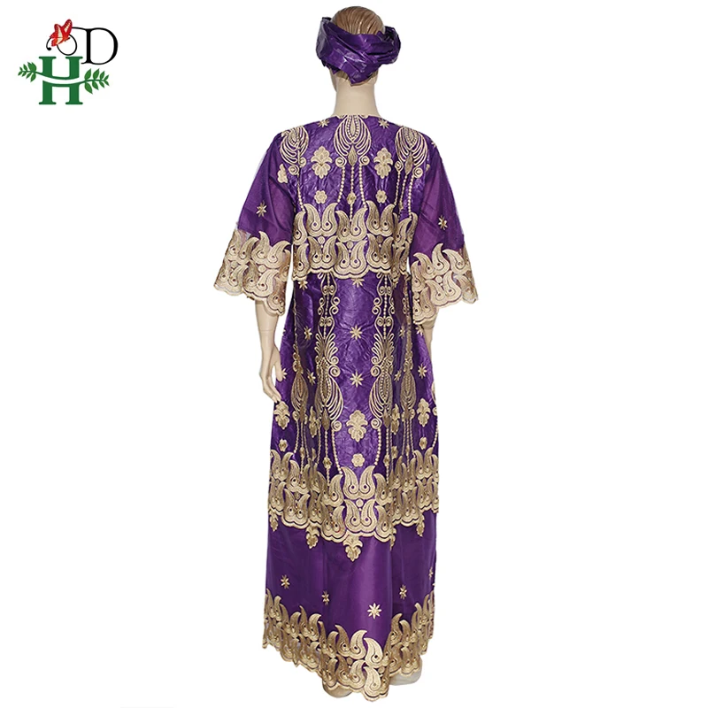 H&D South African Ladies Riche Bazin Lace Dresses Embroidery Dashiki Long Dress With Headtie 2022 African Nigerian Party Clothes