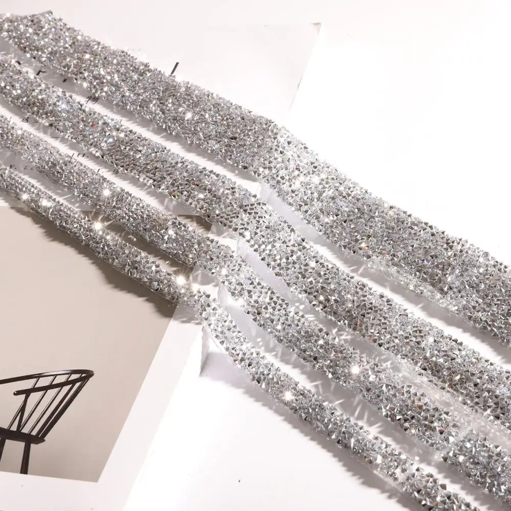 1 Yard Crystal Rhinestone Webbing Lace Tape Voile Ribbon Sewing Trim Iron OnAppliques for Dresses
