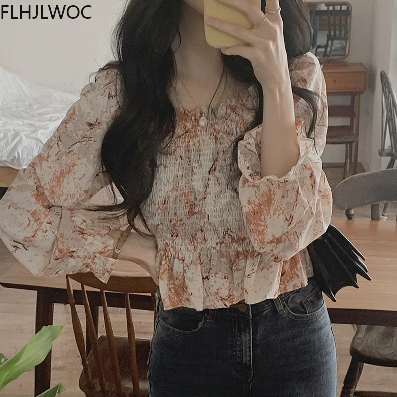 Blusas elegantes de Corea para mujer, Top corto con estampado Floral y hombros descubiertos, diseño de Flhjlwoc, 2021