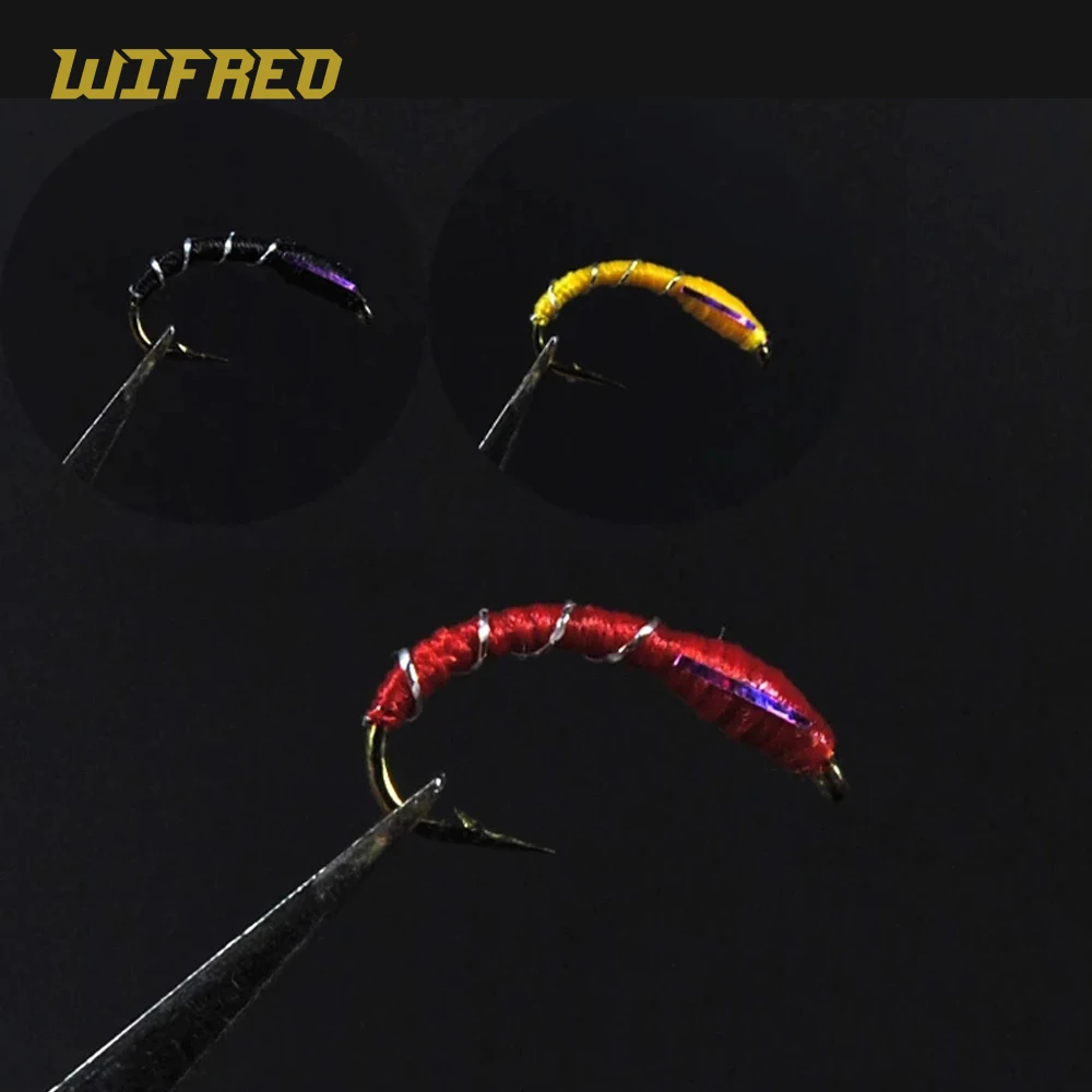 [12PCS] 12# Caddis Larva Chironomid Midge Pupa Buzzer Zebra Nymph Trout Flies Fly fishing Hook Black Red Orange