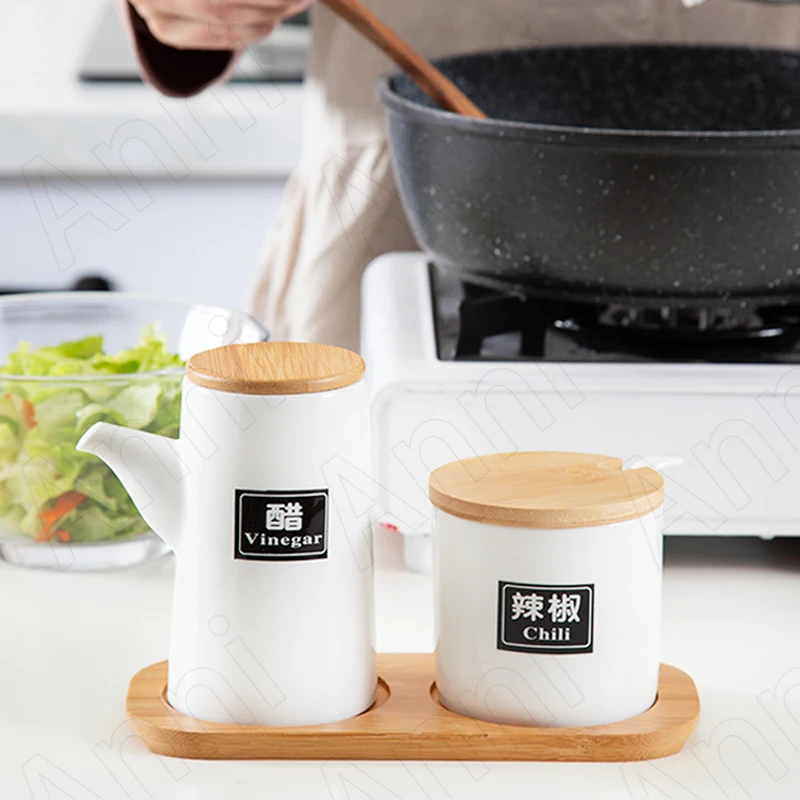 Creativity Simple Ceramic Spice Organizer Japanese Modern Solid Color Kitchen Chili Soy Vinegar Canister Set Home Kitchenware