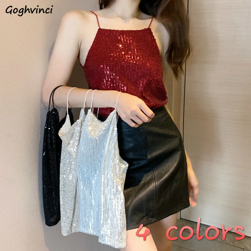 Camisole Tank Top Sequins Solid Women Summer Basic Leisure Streetwear Night Club Sexy Crop Tops Womens Camis Stylish All-match