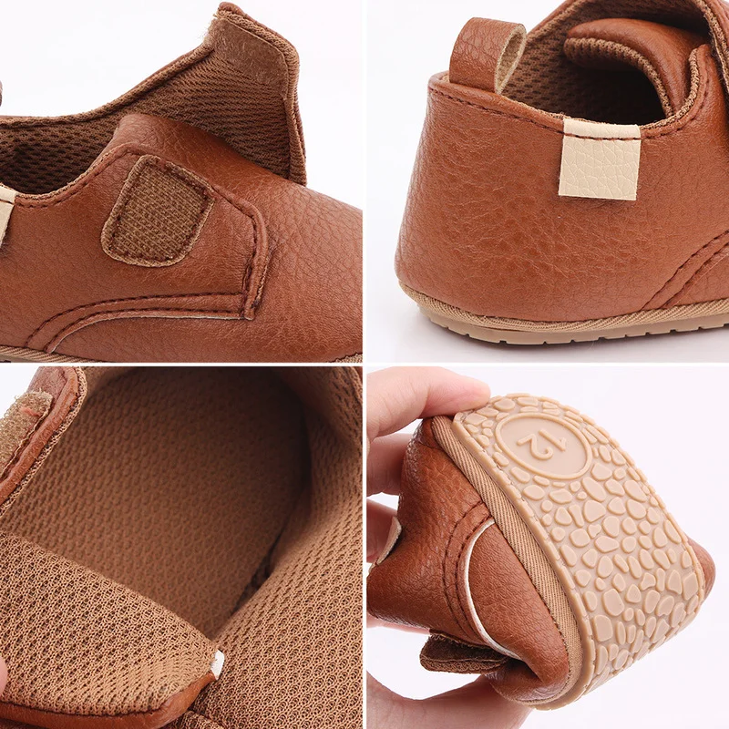 2023 New Baby Shoes Girl Boy PU Leather Rubber Soft-Sole Non-slip Hook Loop Infant Toddler First Walkers Moccasins 0-18 Month