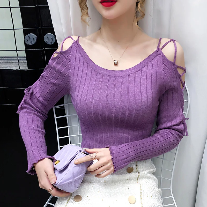 Laced-Up O-neck Sweater Shirts Crop Tops Woman Slim Full Sleeve Knitted Streetwear Sweaters Pullovers Female Autumn Clothing