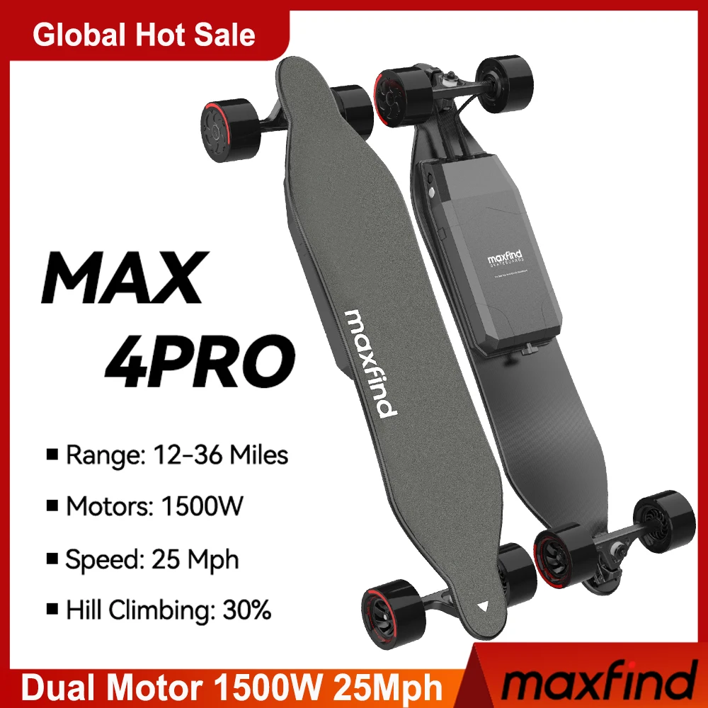 

MAXFIND Max4Pro Dual Hub Motor Lithium Battery Electric Skateboard Longboard with Wireless Remote Control 750W*2 25km/h 3.8inch