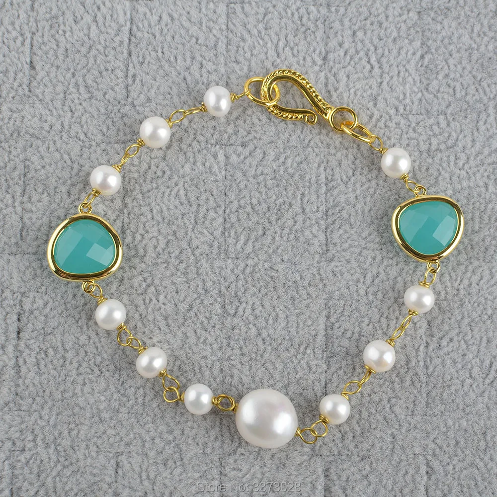 

8'' White Baroque Pearl Blue Crystal Bracelet