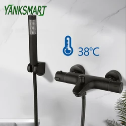 YANKSMART Matte Black Thermostatic Shower Faucet Bathroom Handle Bath Shower Combo Set Mixer Tap Wall Mounted Bathtub Taps