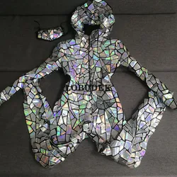 Sexy Backless Silver Laser Mirrors Hooded Jumpsuit Hip Hop Dance Overalls Performance Costume  Bar Stage Singer Rave Outfit