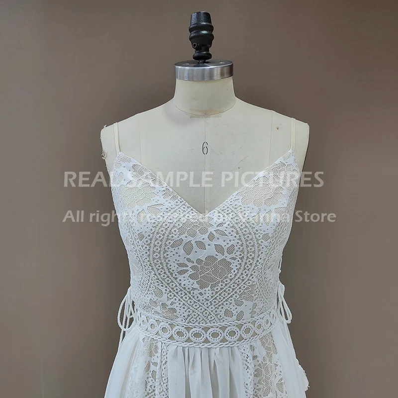 Lange Zug Spaghetti-trägern Chiffon Hochzeit Kleid Große Größen Nach Maß Boho Criss-cross Strand Elopement Spitze Brautkleider