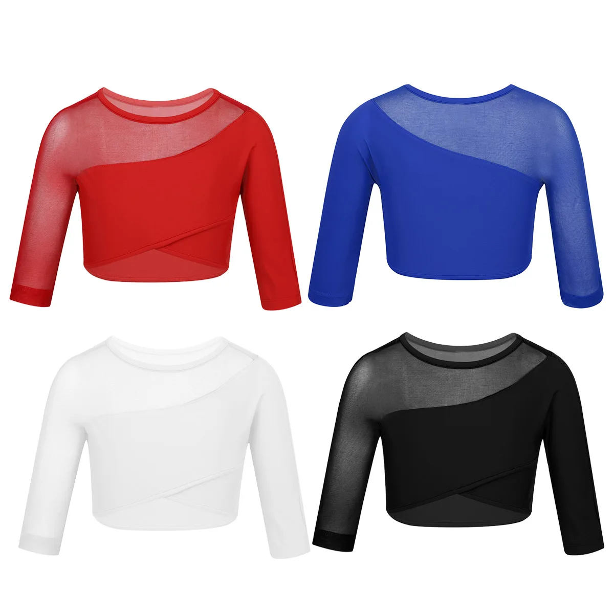 Kids Girls Children 3/4 Sleeves Asymmetrical Tops Crop Top for Ballet Dance Stage Performance Workout Gymnastics Dance Crop Top