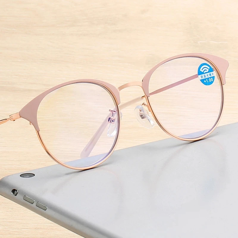 

+1.0 +1.5 To +4.0 Ultralight High Quality Metal Frame Round Retro Pink Reading Glasses Anti Blue Light Presbyopic Eyeglasses