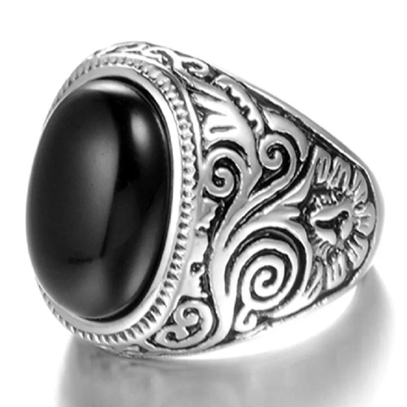 Men\'s Oval Gem Stone Stainless Steel Finger Ring US Size 7/8/9/10/11/12/13/14/15