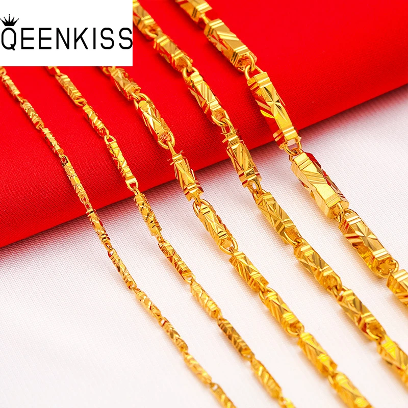 QEENKISS NC5144 Fine Jewelry Wholesale Fashion Woman Girl Birthday Wedding Gift Bamboo Joint 23456MM 24KT Gold Chain Necklace