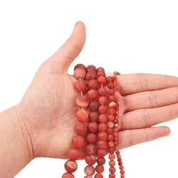1strand Dull Polish Matte Red Stripe Carnelian Natural Stone Beads Loose Colored Ball Beads For Bracelet Earrings Jewelry Making