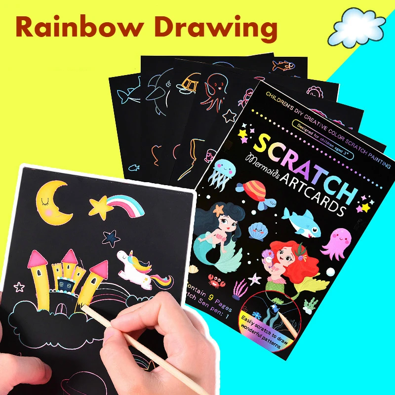 9Pcs Magic Rainbow Color Scratch Art Painting Paper Card Kit Cartoon Dinosaur Unicorn Drawing Board Kids DIY Educational Toys