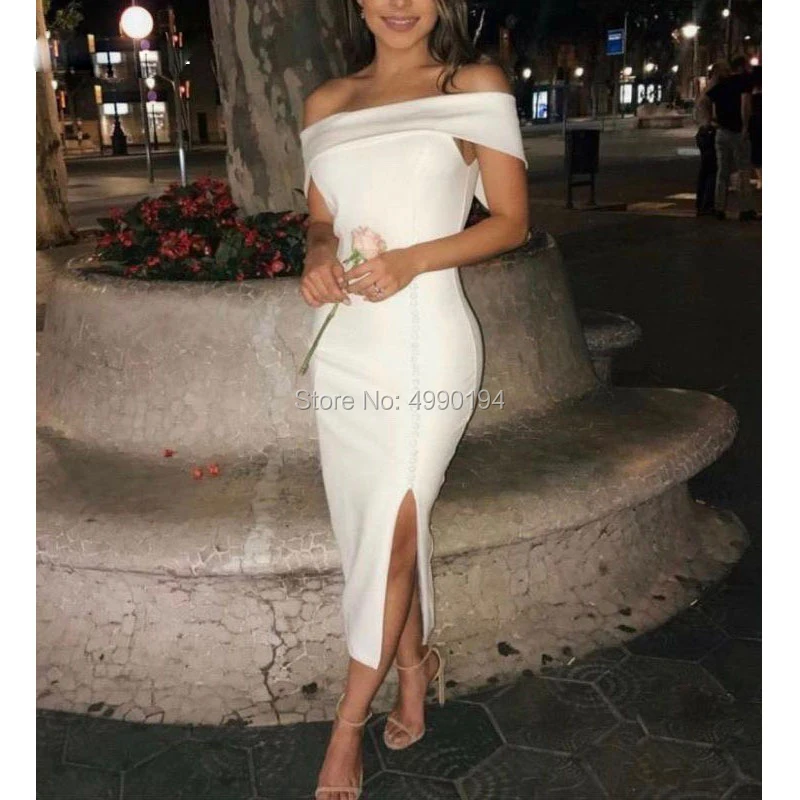 

Elegant High Slit Lycra Off White Short Evening Dress 2020 NYZY E293 Wedding Party Dress abiti da cocktail Robe Soiree Dubai