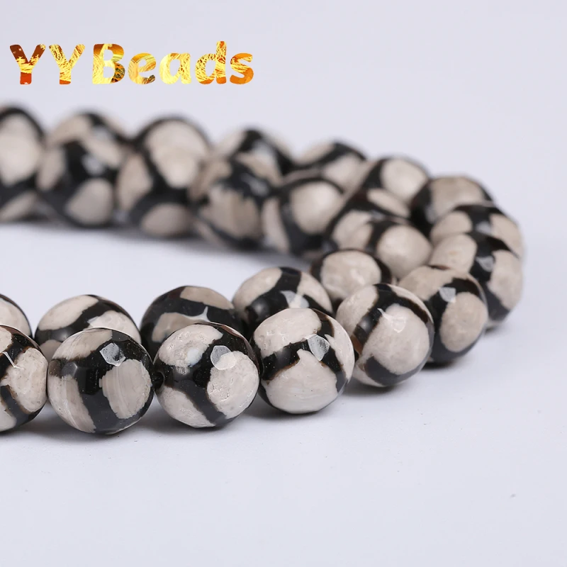 Natural Faceted Black White Stripe Dzi Agates Beads Tibetan Mystical Football Stone Beads For Jewelry Making Bracelet 8 10 12mm