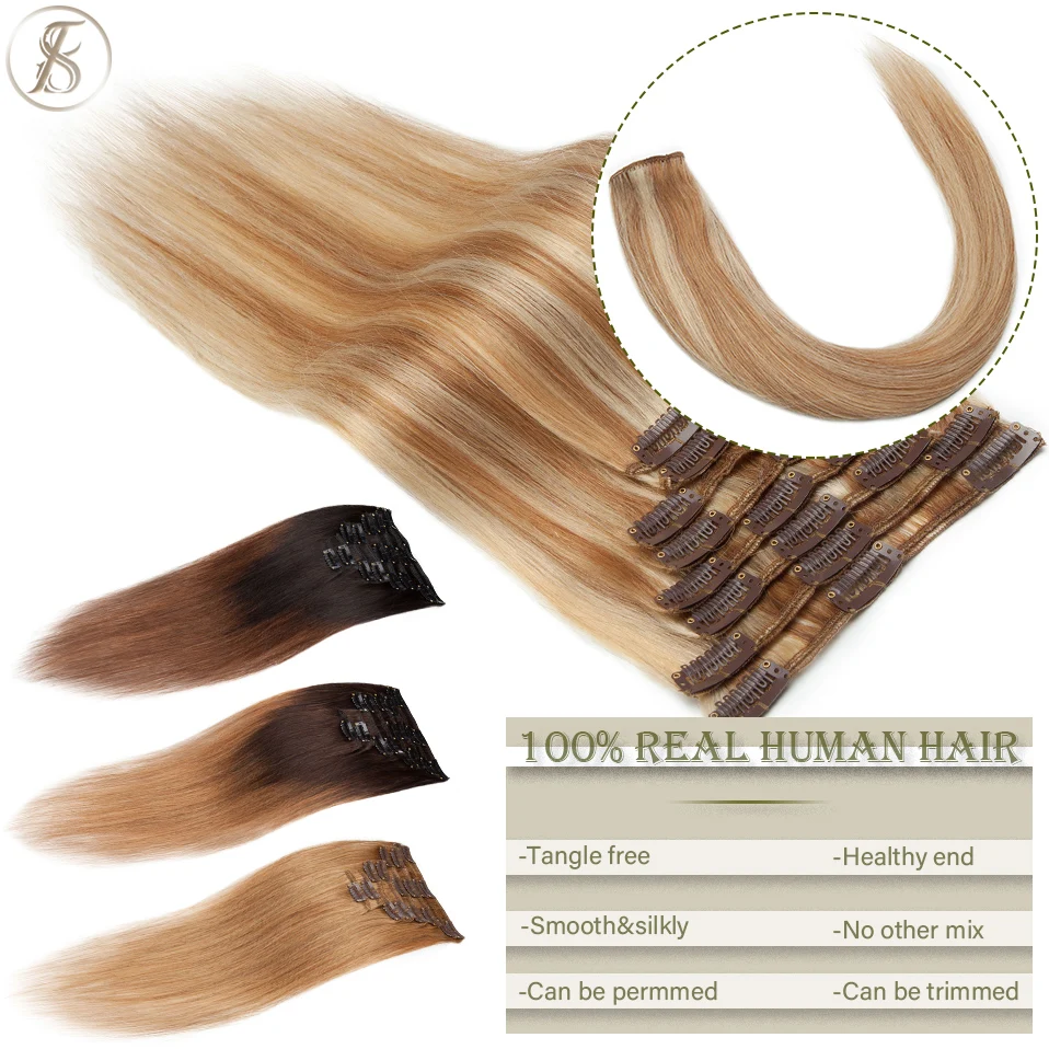 TESS Clip In Human Hair Extensions Straight Non-Remy Human Hair 8pcs/set Full Head Thin Hair Hairpiece Ombre Highlight Hair Clip