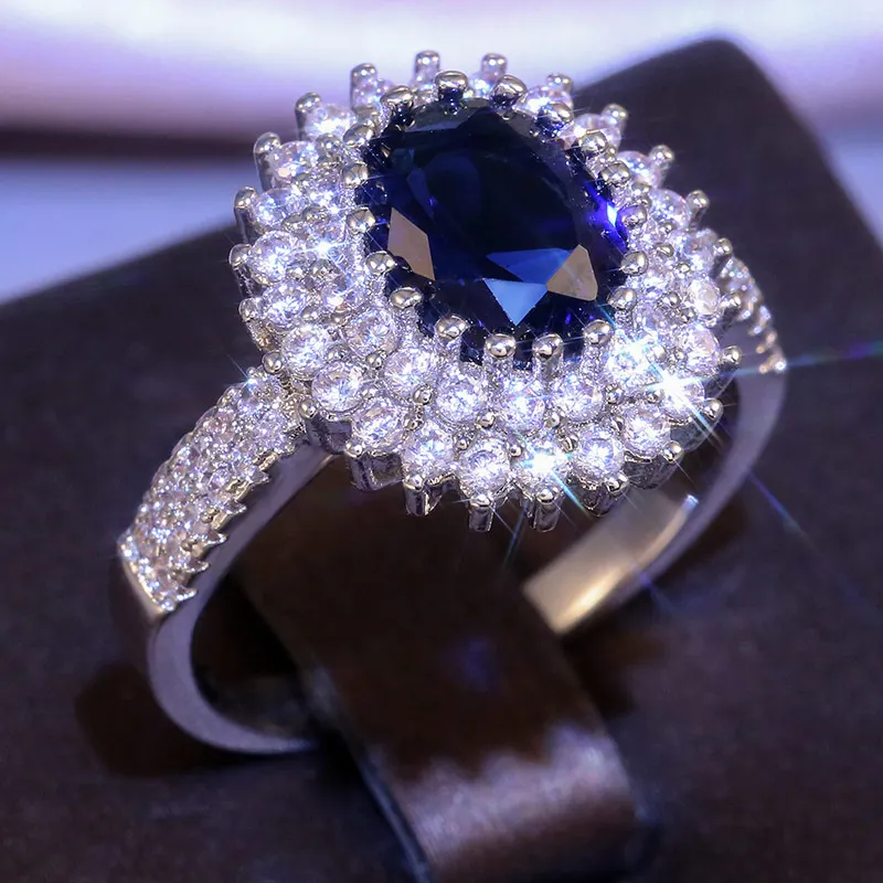 CAOSHI Luxury Blue Crystal Stone Rings with Tiny Flower Cubic Zirconia Pretty Women's Jewelry Elegant Engagement Accessories