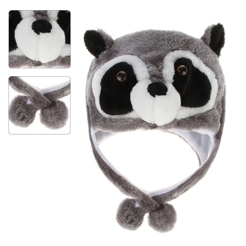 Winter Fuzzy Plush Raccoon Animal Hat Pompom Warm Cosplay Earflap Beanie Cap X5XA