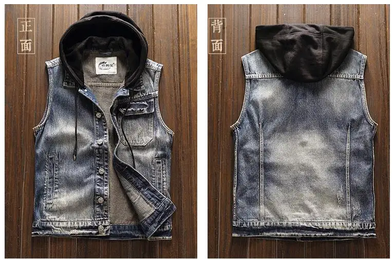 Hooded Men Jean Denim Sleeveless Jacket Coat Autumn Biker Outwear Japan Style Vintage Casual Slim Vest High Quality