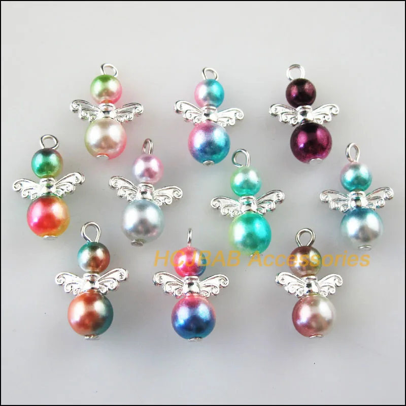 20 New Dancing Angel Charms Silver Plated Wings Colored Pendants 14x21mm