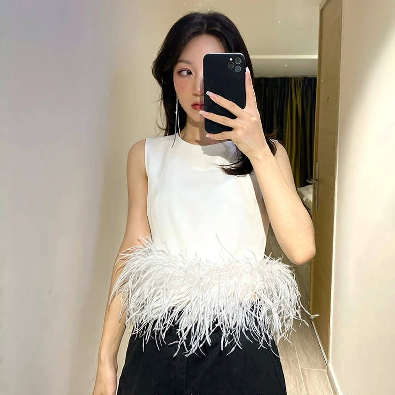 TWOTWINSTYLE Black Patchwork Feathers Korean Fashion Shirt Top Women Round Neck Sleeveless Slim Tops Female 2021 Summer Clothing