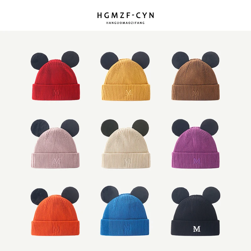 Mickey Autumn and Winter Warm Woolen Hat Cute Mickey Ear Knit Hat M Letter Embroidered Cap Beanie  Winter Hats for Women