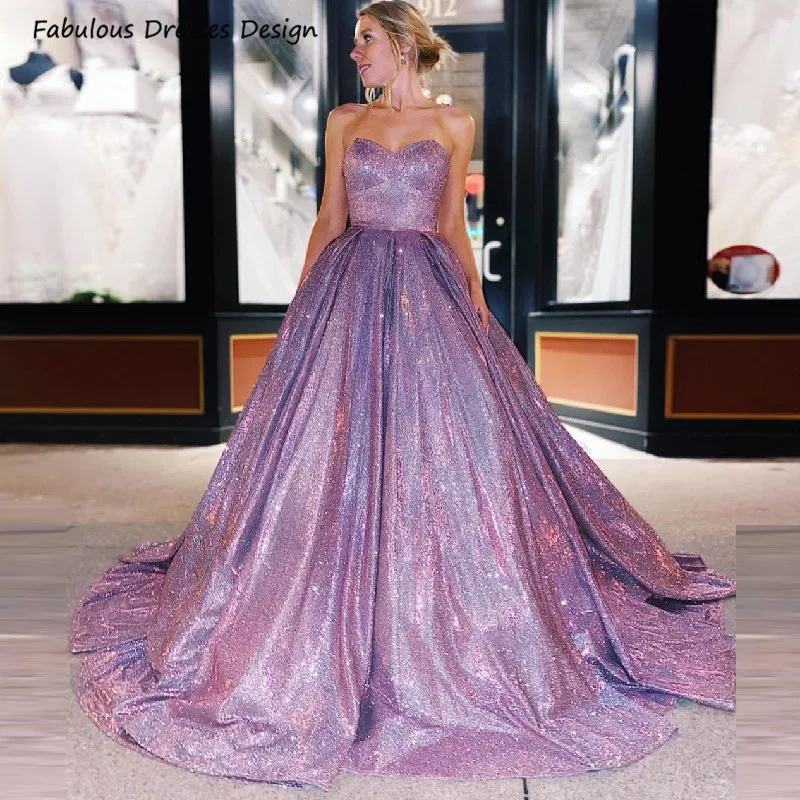 Robe de soirée longue de forme trapèze, tenue de bal de princesse, sans bretelles, paillettes scintillantes, dos nu, décolleté en cœur, lilas, 2021