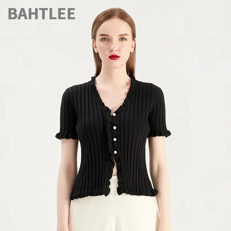 BAHTLEE-Women's Striped Knitted Cardigan, V-Neck Sweater, Short, Cardigan, Pearl Button, Short, High Elastic