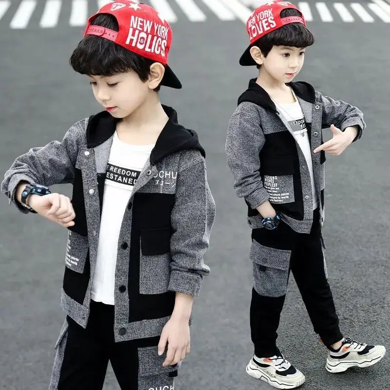 Boys Clothing Sets For Spring & Autumn 2024 New Fashion Hooded Patchwork Jackets With Trousers Two Pieces Suit Handsome Clothes