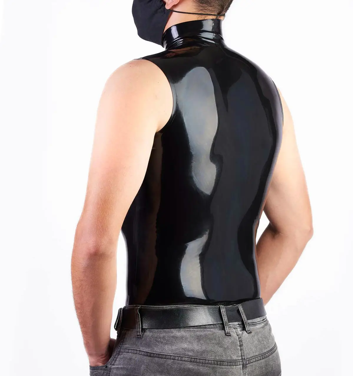 Black Latex Men Vest Top Classic Shirt High Collar Sleeveless Costume Male Tops Rubber Clothes 100% Handmade